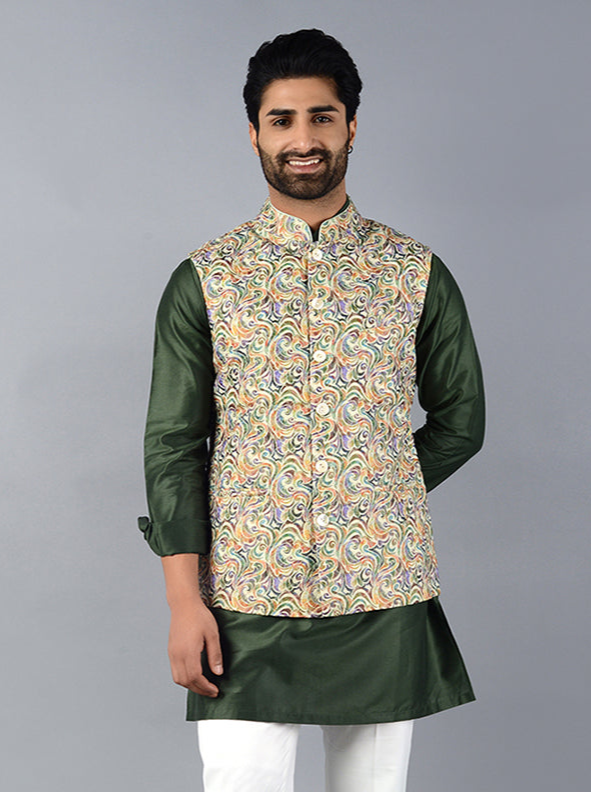 Multi Green Nehru Waistcoat for Men | Stylish Look for Special Occasions