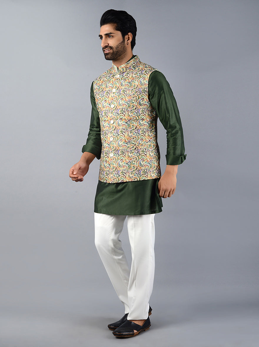 Stylish Multi Green Waistcoat designed with a unique abstract print, perfect for weddings and formal occasions.