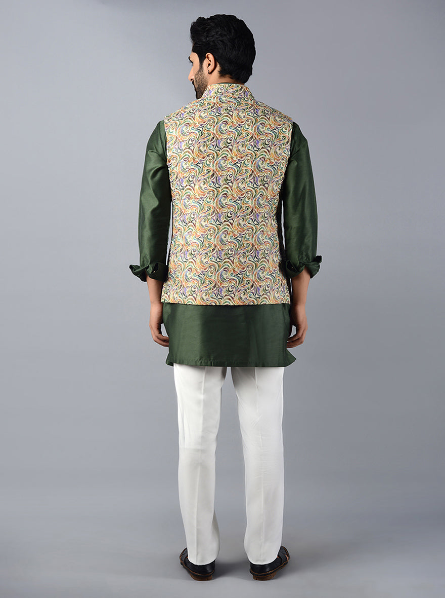 Elevate your formal look with this Multi Green Waistcoat, featuring a contemporary design for festive celebrations.