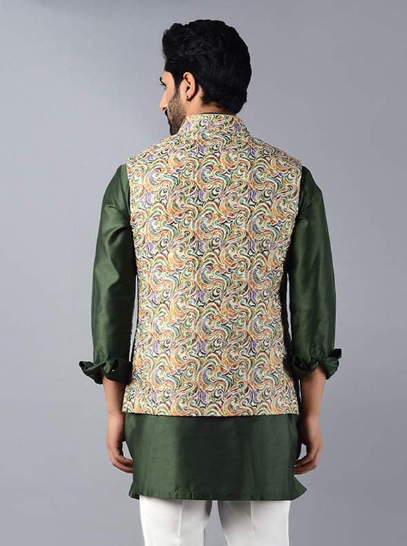 Multi Green Nehru Waistcoat for Men | Stylish Look for Special Occasions