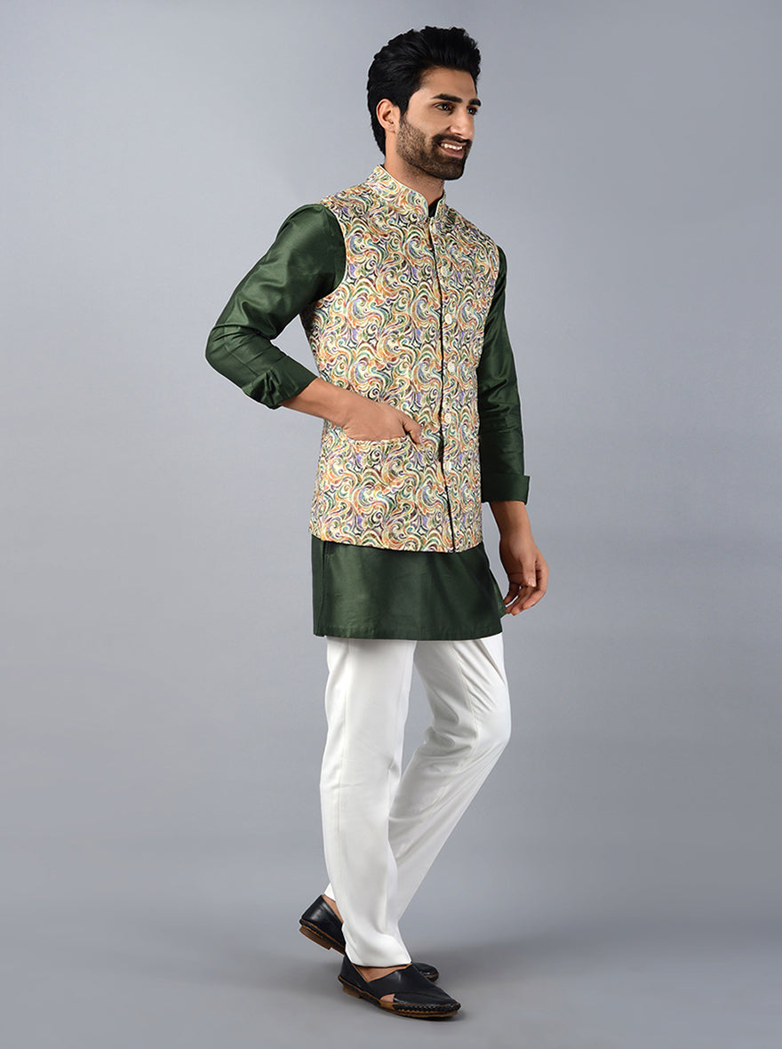 Discover the elegance of this Multi Green Waistcoat, perfect for adding flair to your ethnic wardrobe.