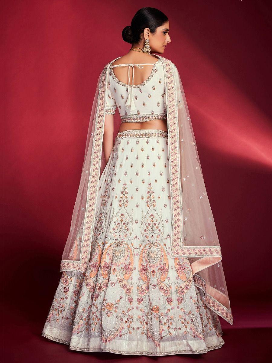 White Zarkan Georgette Lehenga Choli | Peach Dupatta with Stonework Border