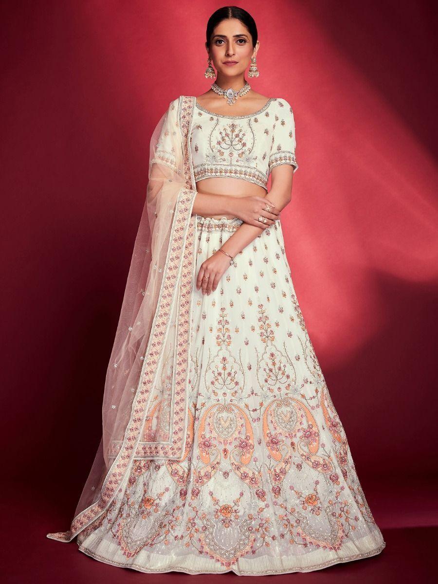 White Zarkan Georgette Lehenga Choli | Peach Dupatta with Stonework Border