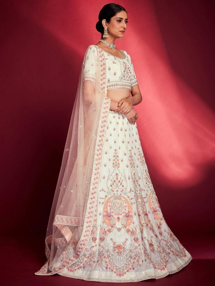 White Zarkan Georgette Lehenga Choli | Peach Dupatta with Stonework Border