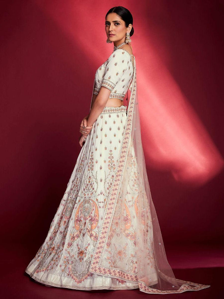 White Zarkan Georgette Lehenga Choli | Peach Dupatta with Stonework Border