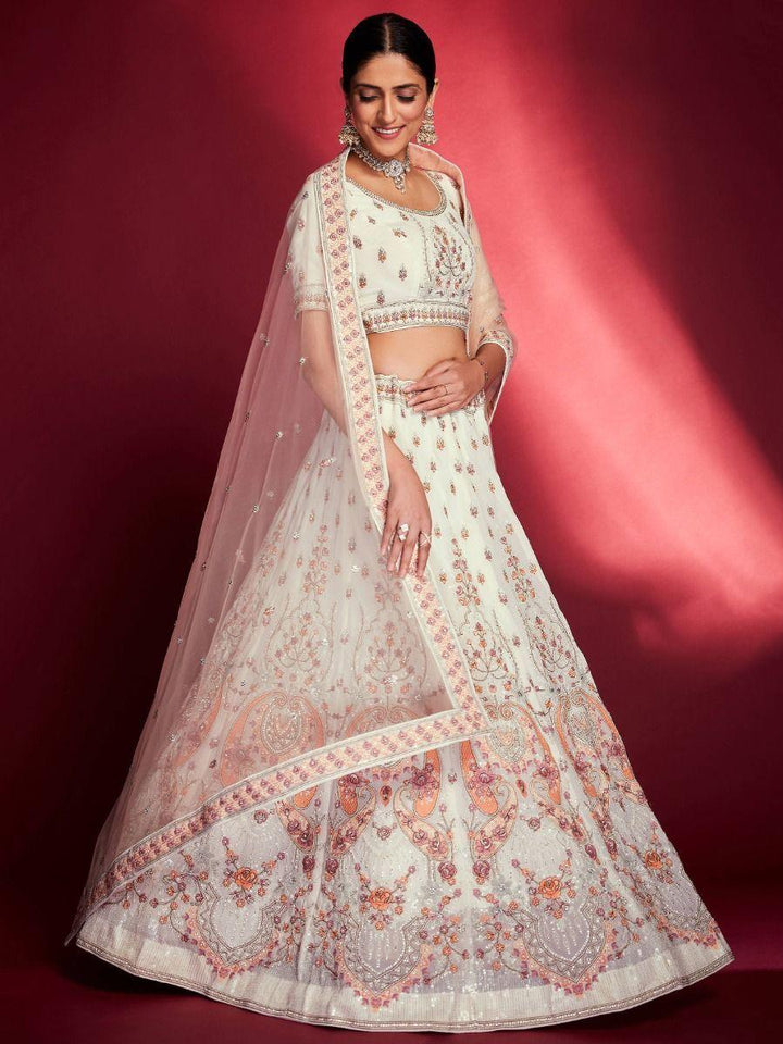 White Zarkan Georgette Lehenga Choli | Peach Dupatta with Stonework Border