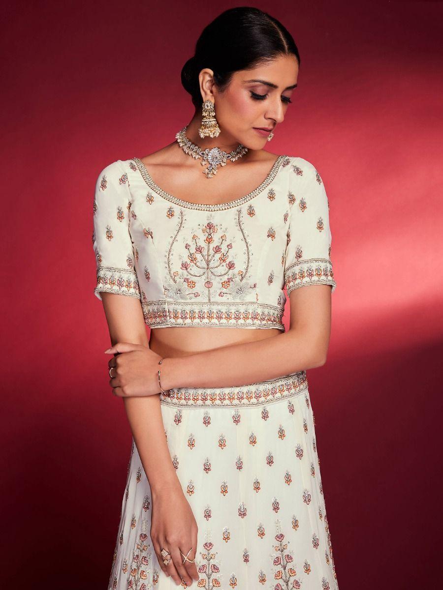 White Zarkan Georgette Lehenga Choli | Peach Dupatta with Stonework Border