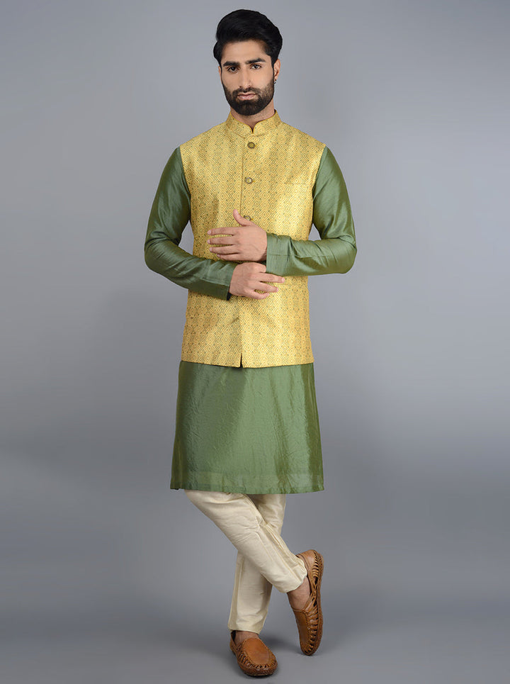 Mustard yellow and green bandhgala jacket crafted from silk blend, featuring abstract prints, ideal for enhancing your ethnic attire.