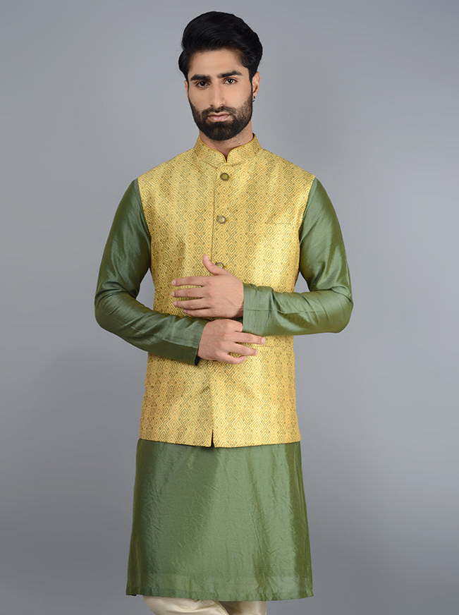 Mustard Yellow & Green Bandhgala Jacket | Stylish Ethnic Wear for Men