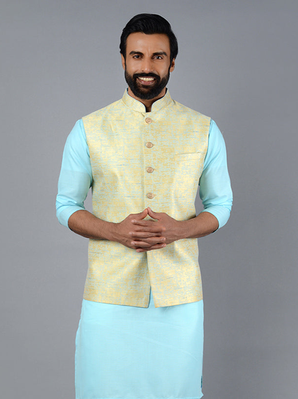 Sky Blue & Golden Bandhgala  Jacket for Men | Stylish Traditional Jacket