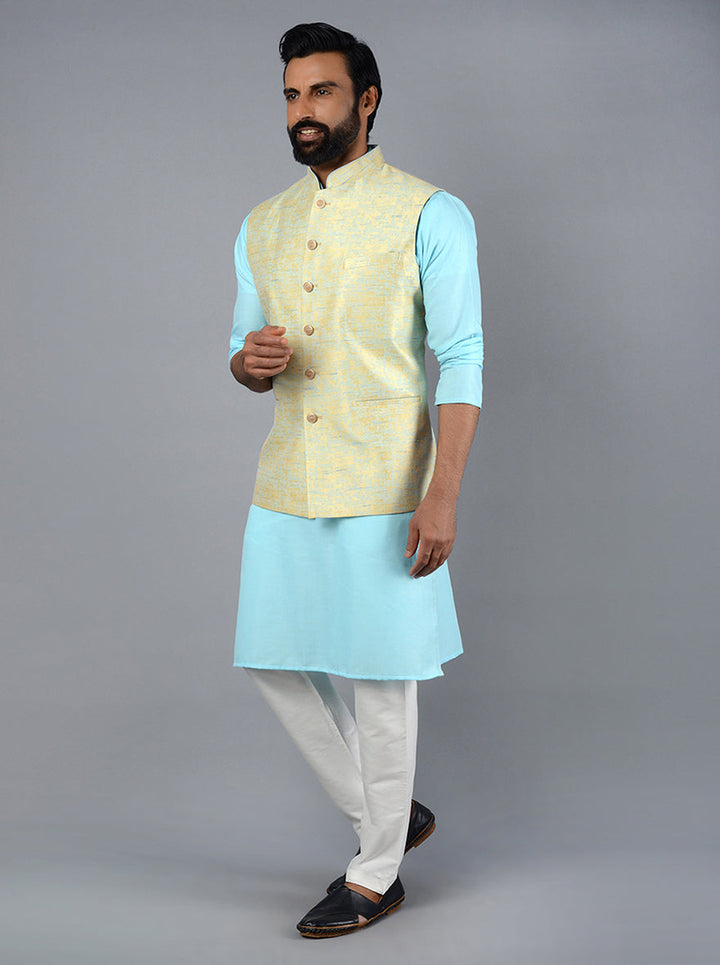 This Sky Blue & Golden Bandhgala offers a luxurious feel with its self-design, ideal for weddings and festivities.