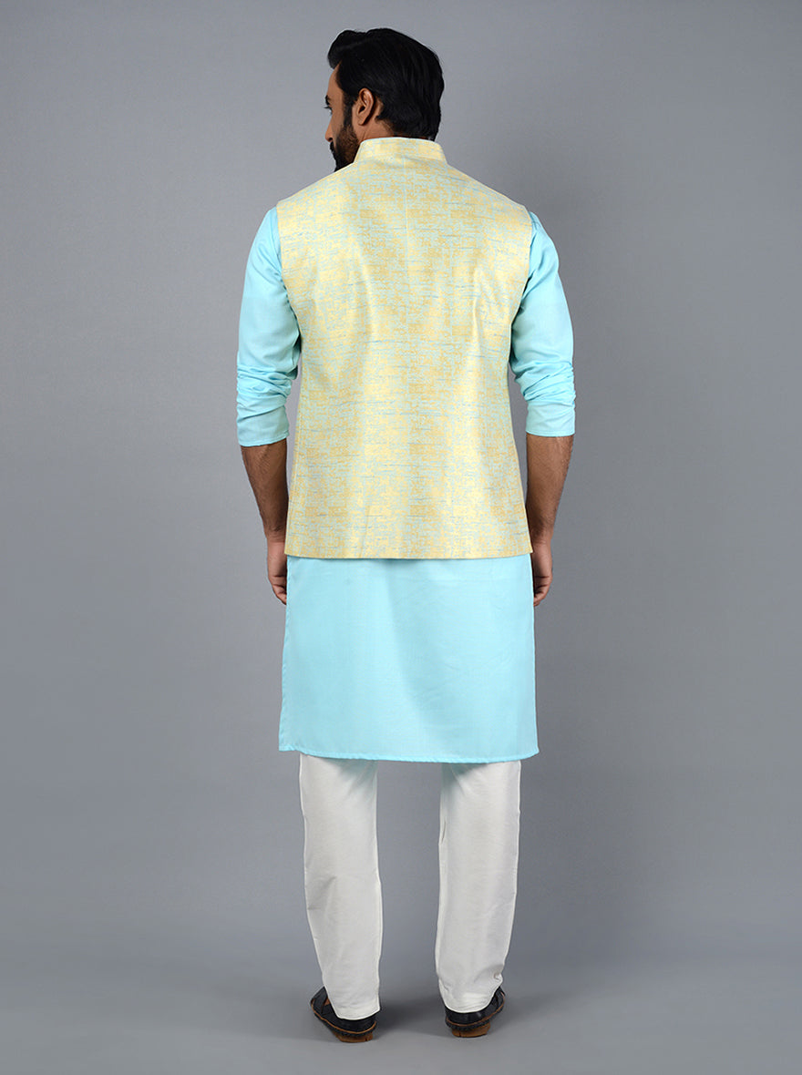 Shine at events with this Sky Blue & Golden Bandhgala, featuring premium fabric and a sophisticated design.