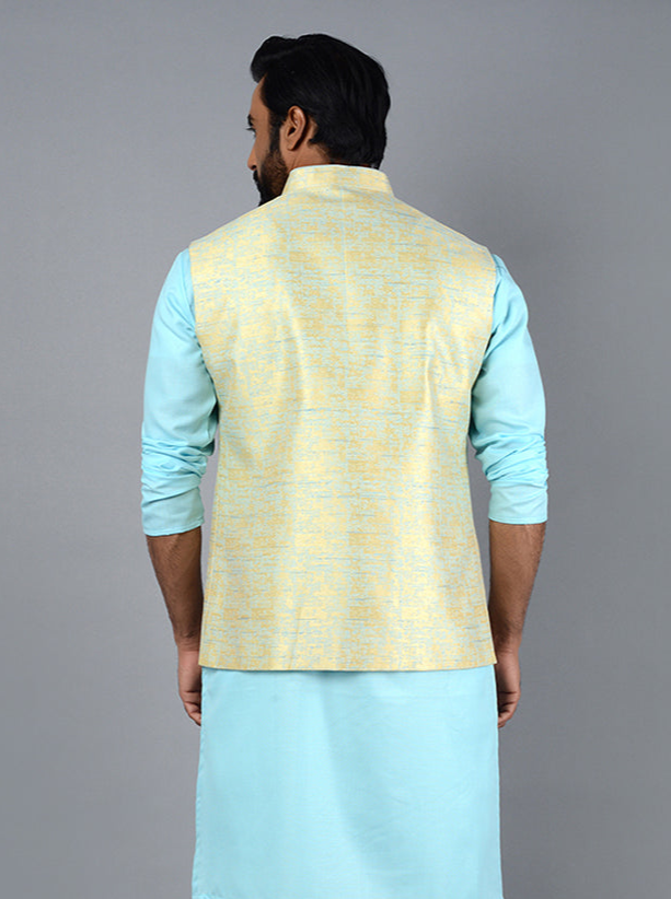 Sky Blue & Golden Bandhgala  Jacket for Men | Stylish Traditional Jacket