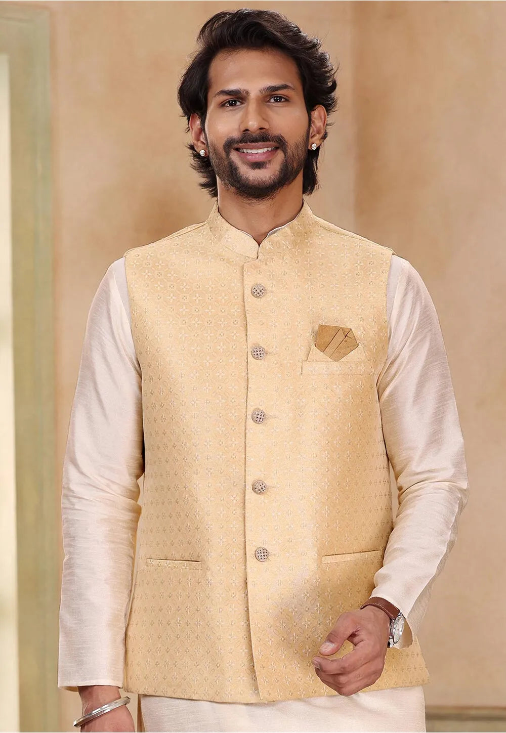 Elite Regal Banarasi silk Beige Kurta Pajama Jacket | Symbolizing Elegance & Luxury in Every Detail