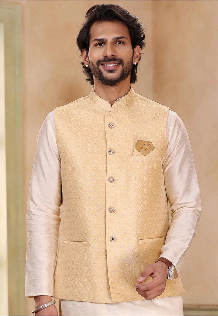 Elite Regal Banarasi silk Beige Kurta Pajama Jacket | Symbolizing Elegance & Luxury in Every Detail