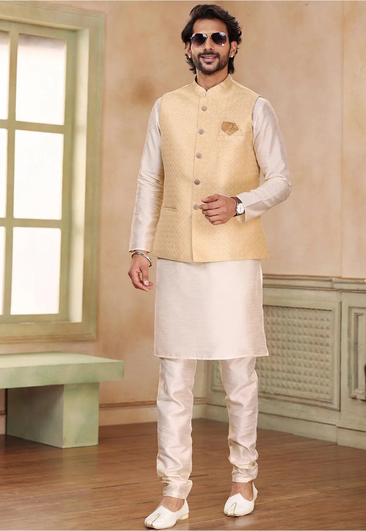 Elite Regal Banarasi silk Beige Kurta Pajama Jacket | Symbolizing Elegance & Luxury in Every Detail