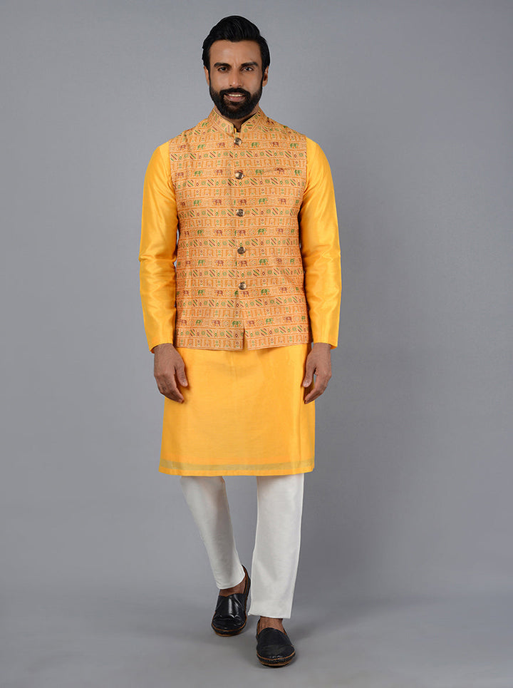 Elevate your wedding attire with this Mustard Yellow Bandhgala, combining tradition and modern design.