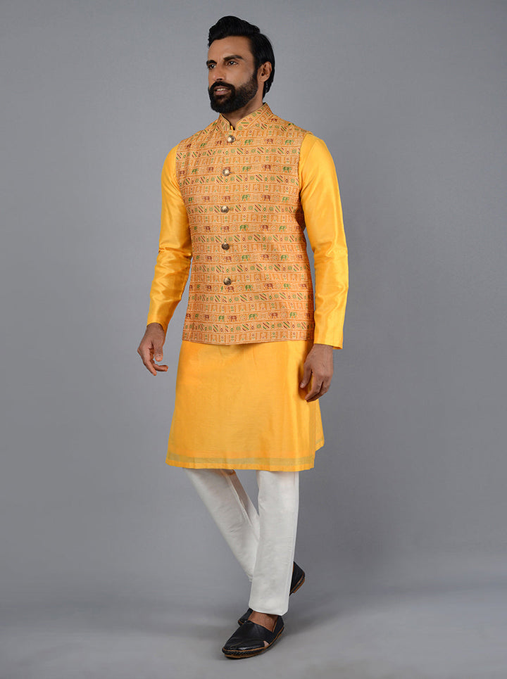 The Mustard Yellow Bandhgala features a stylish print, making it an ideal choice for festive celebrations.