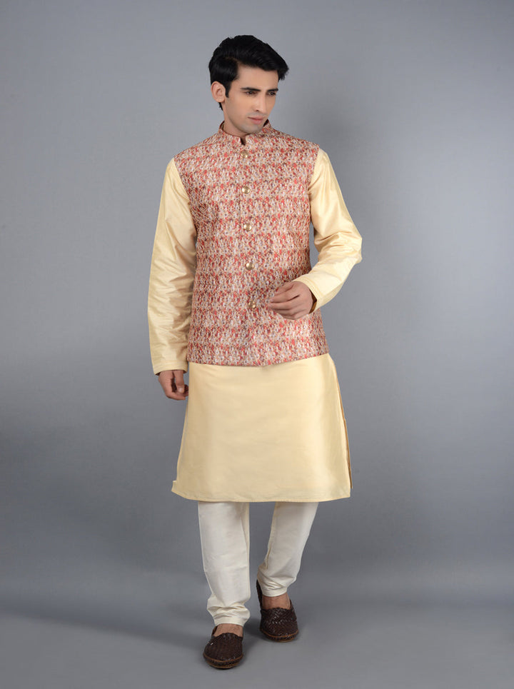 Elegant maroon and beige Bandhgala jacket featuring silk blend fabric, ideal for formal occasions.