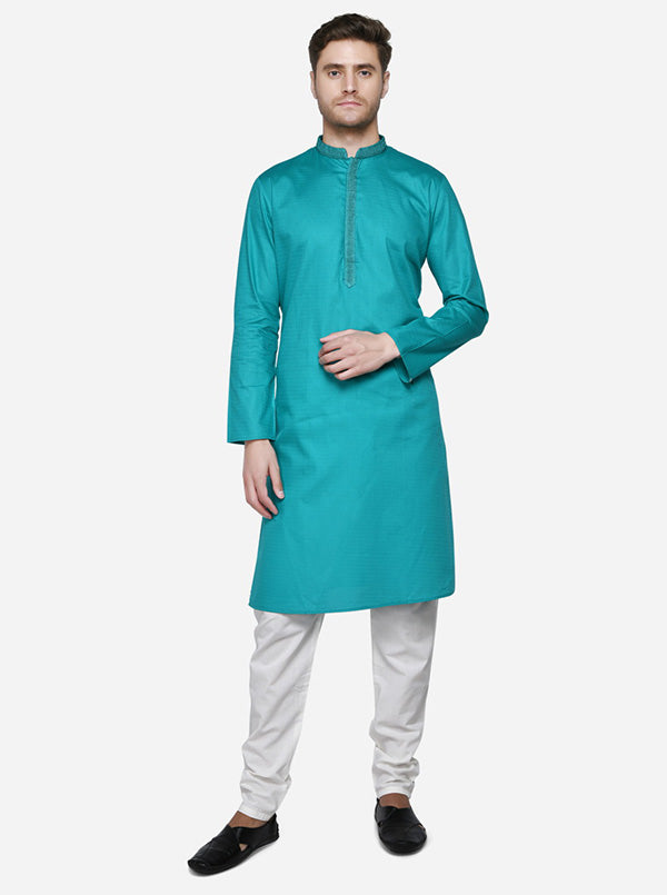 Sea blue kurta set with self-texture, ideal for making a stylish ethnic statement in the USA.