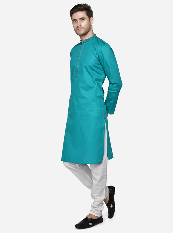 Stylish self-textured sea blue kurta set for men, designed for comfort and all-day wear.