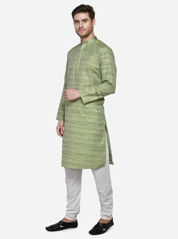 Stylish self-textured green kurta set for men, offering comfort and basic features for all-day wear.