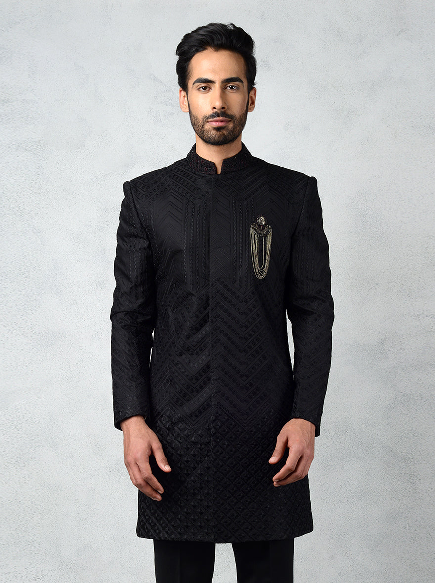 Silk blend black Indowestern jacket for men with thread and sequins