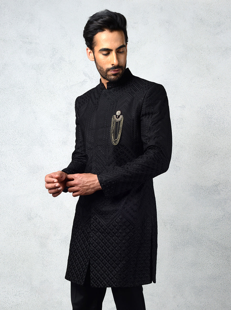 Stylish black Indowestern with embroidery, perfect for sibling’s engagement