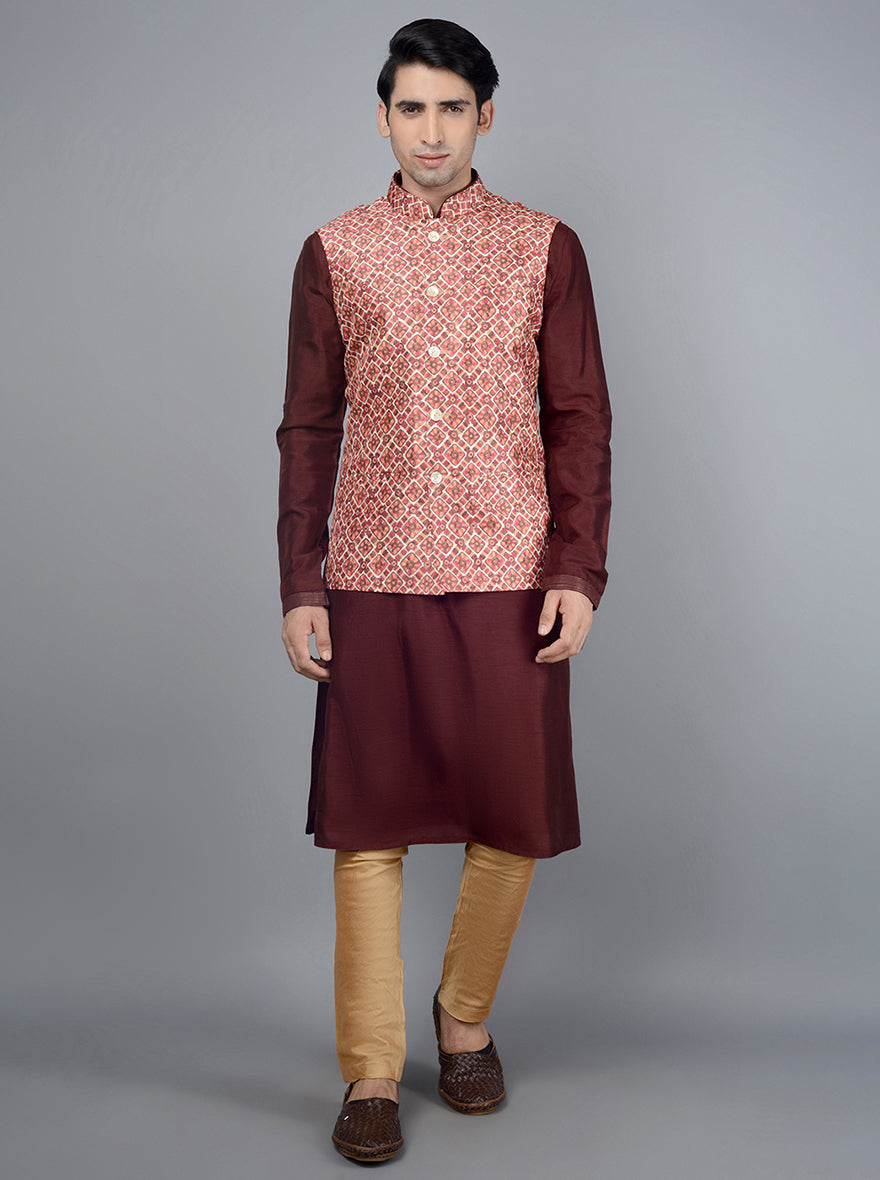 Multi-cream Jodhpuri jacket made from premium silk blend, featuring traditional prints, perfect for festive celebrations like pooja.