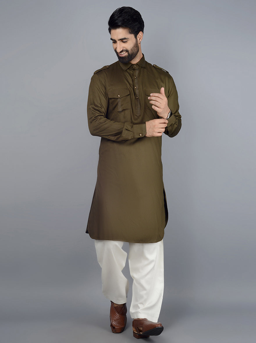 Elegant olive green Pathani crafted from cotton satin fabric, blending tradition with modern style in the USA.