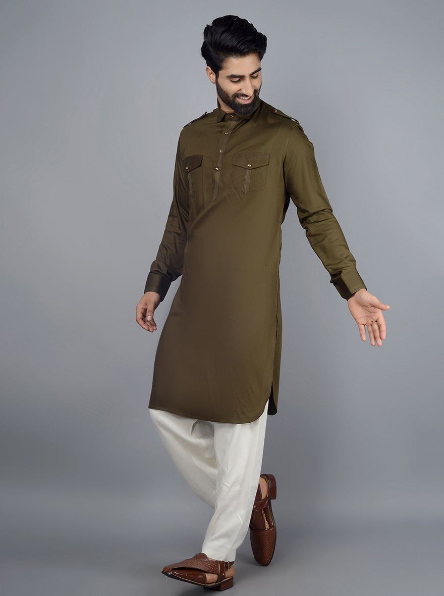 Stylish olive green Pathani kurta made from luxurious cotton satin, ideal for festive gatherings in the USA.