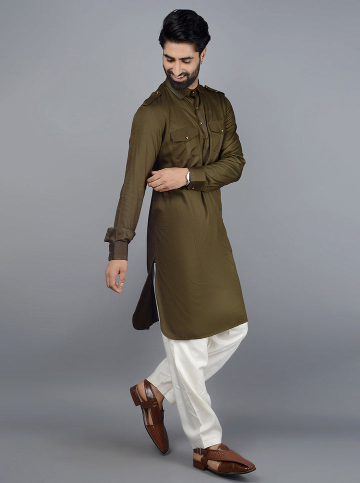 Comfortable olive green Pathani in cotton satin, showcasing ethnic elegance for occasions in the USA.