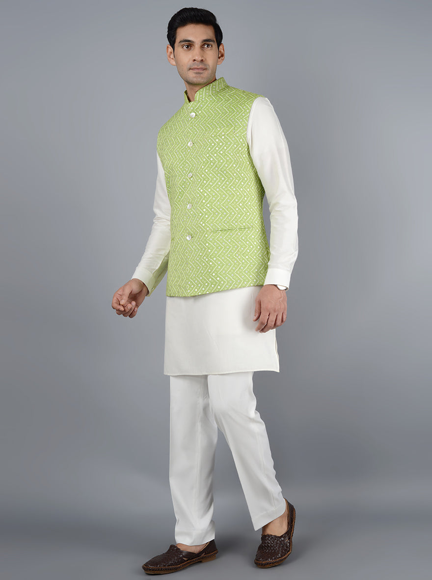 Pista and cream silk blend Jodhpuri jacket featuring concealed buttons and a beautiful printed design for men's ethnic wear.