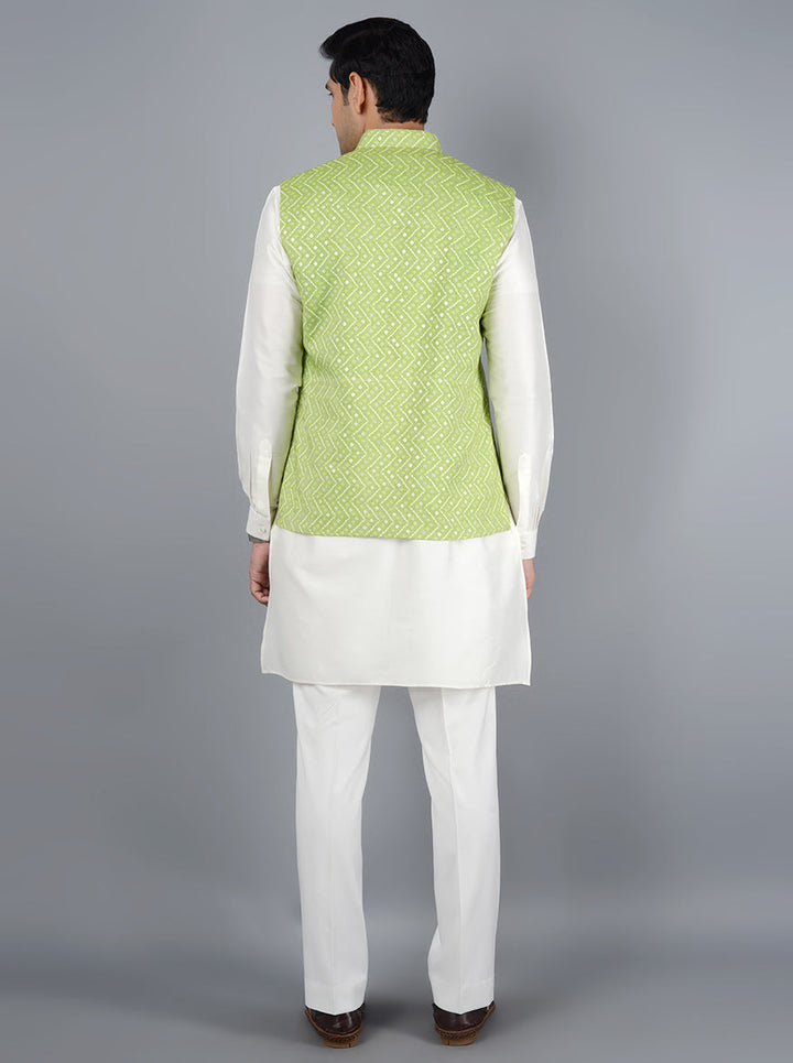 Elevate your style with this stylish pista and cream bandhgala, crafted for a straight fit, ideal for festive events.