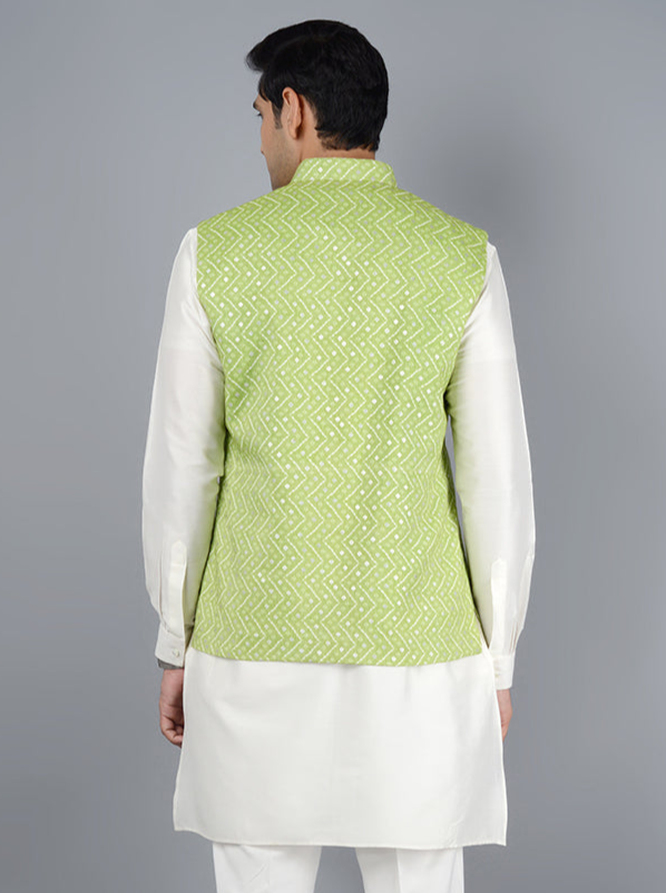 Pista Green & Cream Bandhgala Jacket | Stylish Nehru Jacket for Men