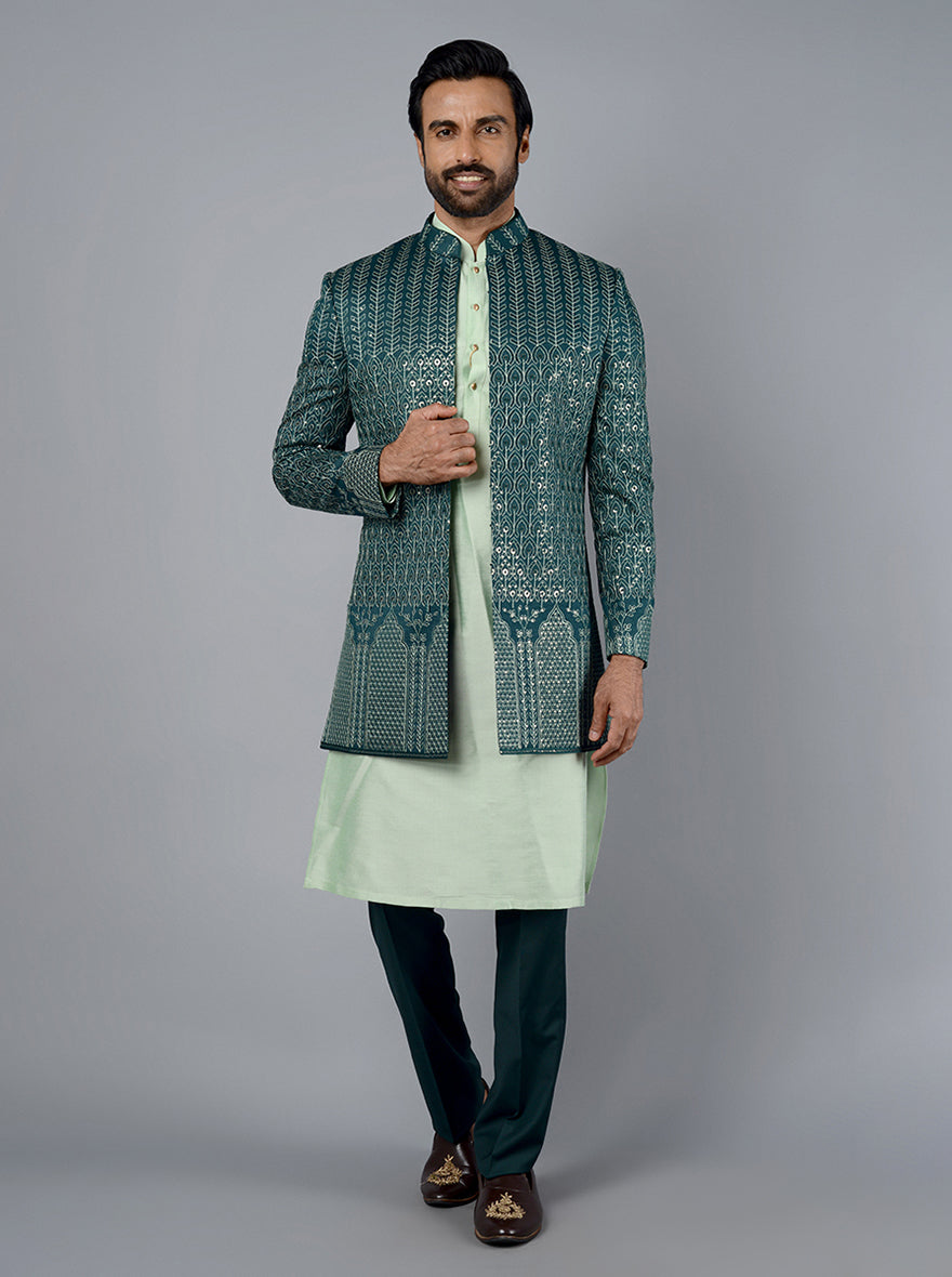 Bottle Green Embroidered Regular Fit Indowestern for Weddings