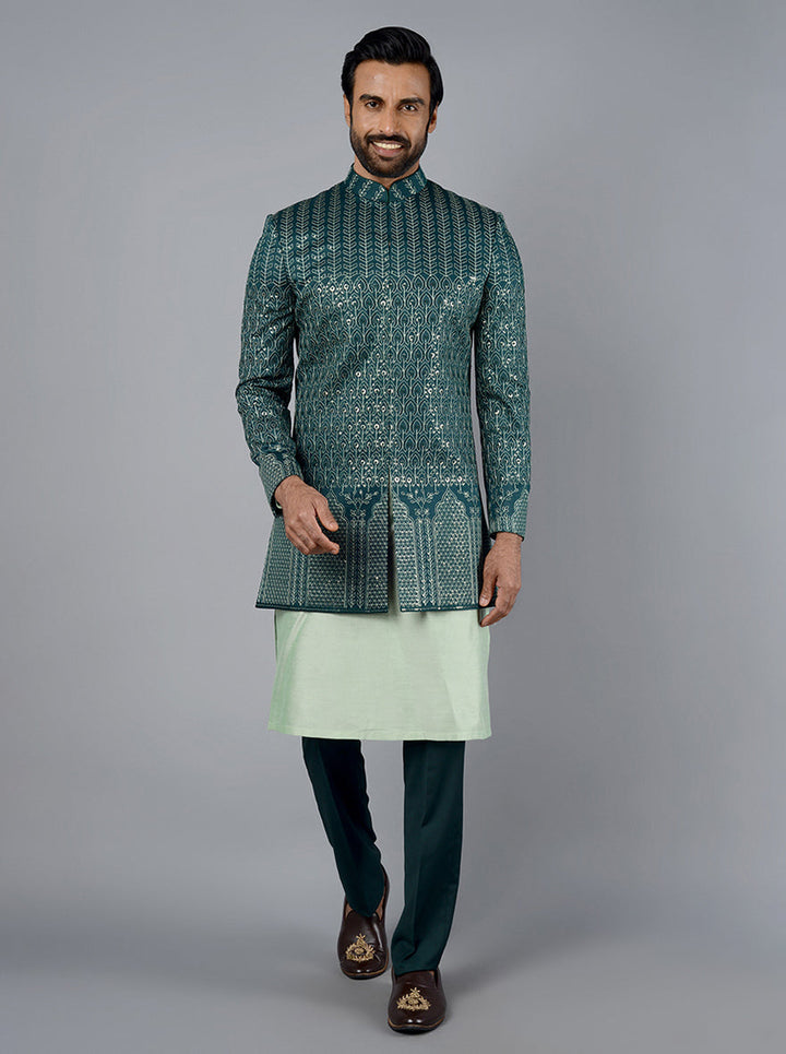 Bottle Green Regular Fit Indowestern with Embroidery Details