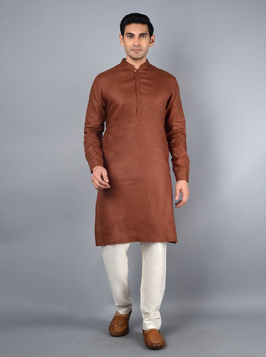 Elegant cinnamon brown kurta set made from linen fabric, combining comfort and style for USA events.