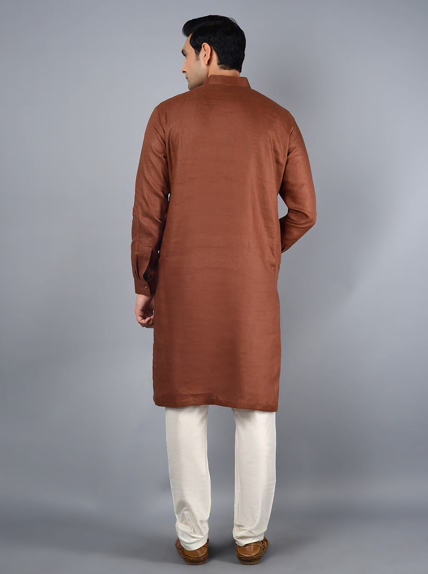 Chic cinnamon brown kurta set in premium linen, perfect for casual and formal gatherings in the USA.