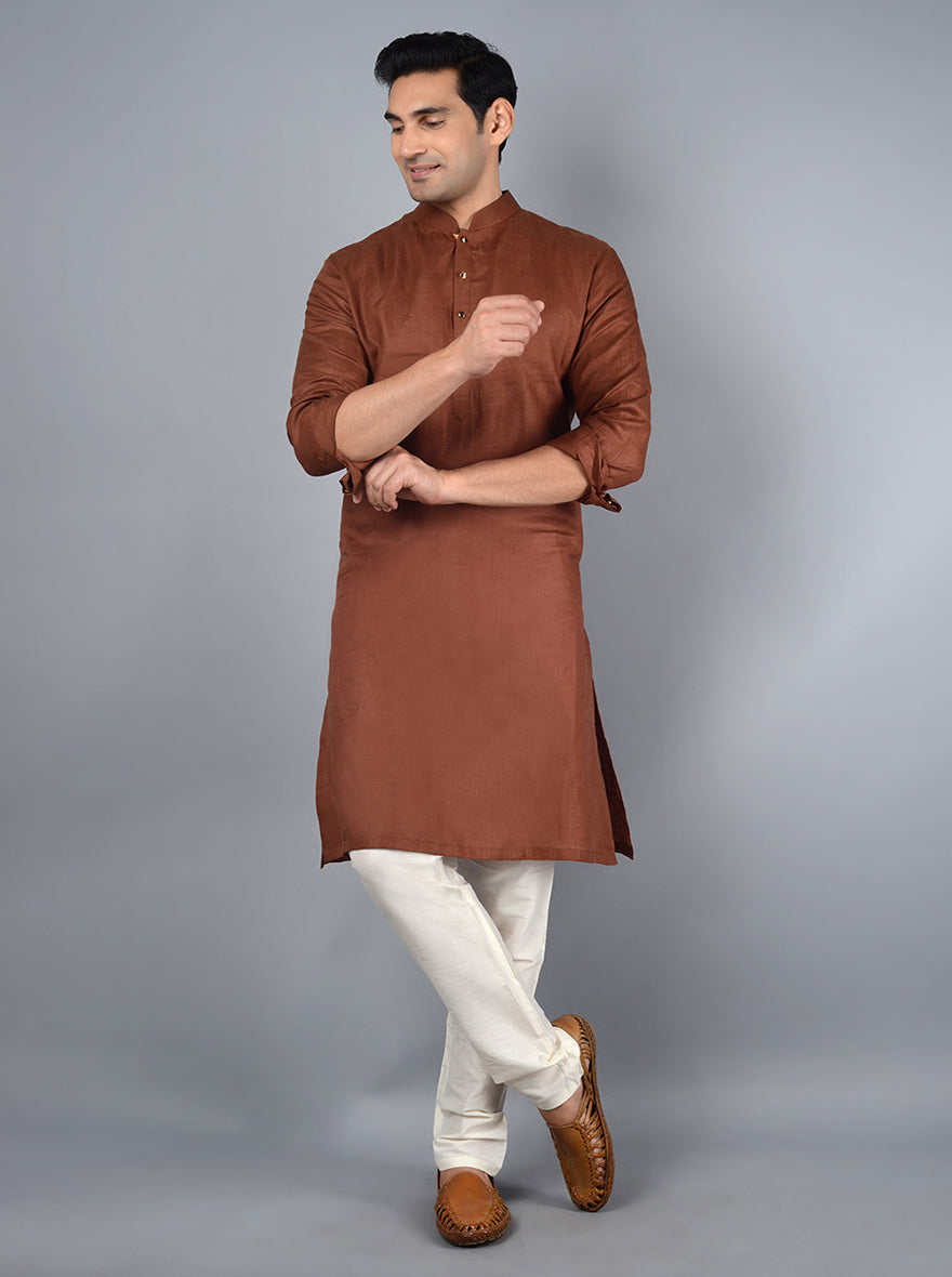 Comfortable cinnamon brown kurta set made of linen, ideal for year-round events in the USA.