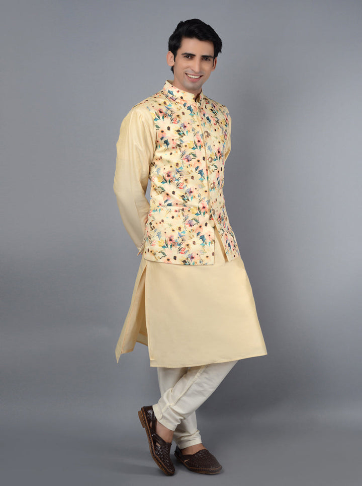 Premium cream sleeveless Bandhgala jacket, combining comfort and style for formal and casual wear.