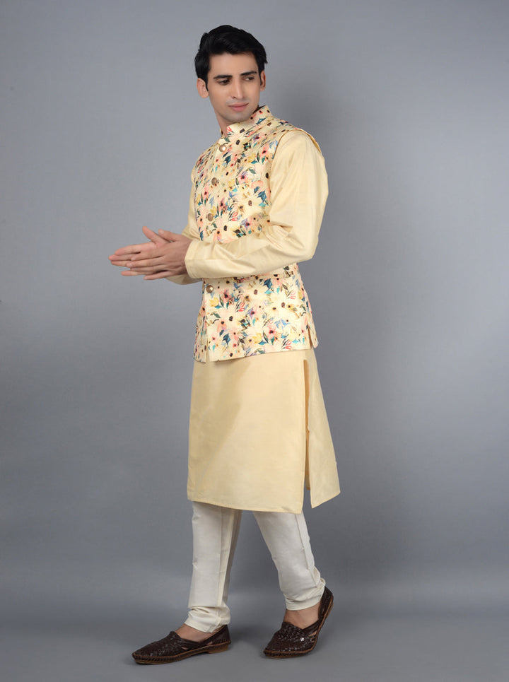 Contemporary cream sleeveless Bandhgala jacket, perfect for a smart look at both formal and casual events.