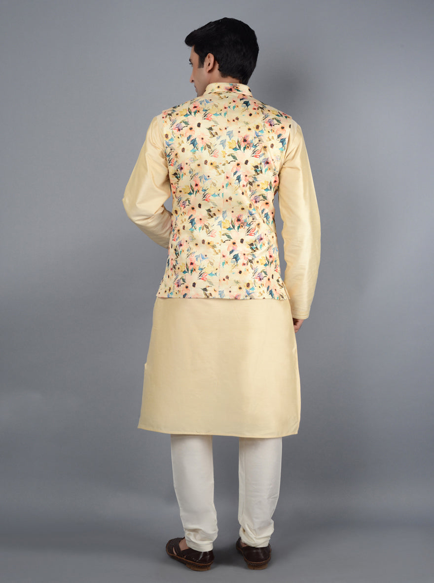 Lightweight cream sleeveless Bandhgala jacket crafted from linen, ideal for versatile dressing.