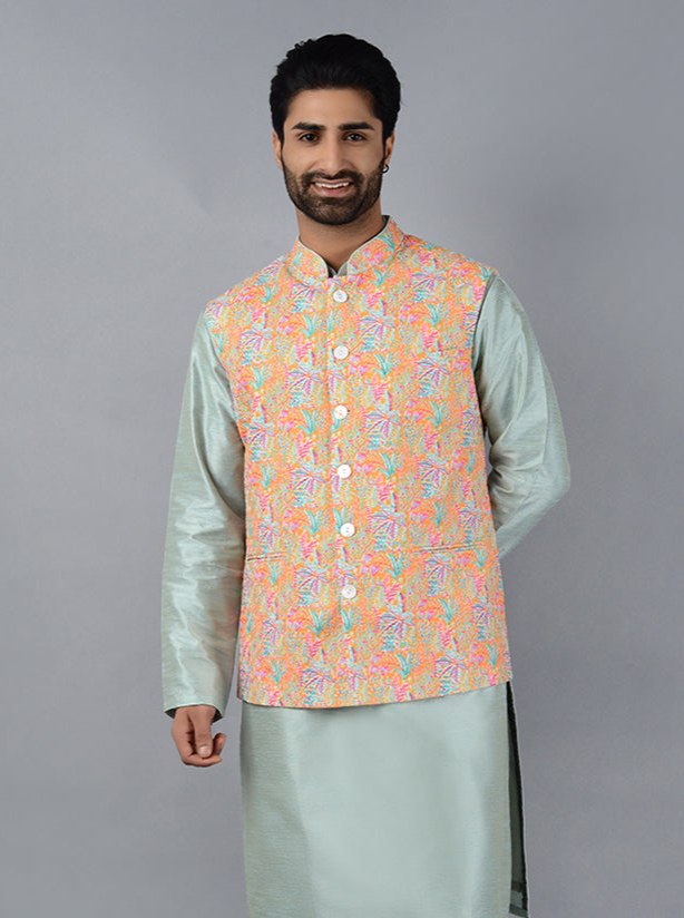 Men's Yellow Bandhgala Jacket | Trendy and Traditional Silk Blend Design