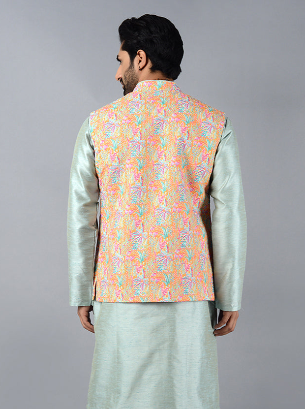 Men's Yellow Bandhgala Jacket | Trendy and Traditional Silk Blend Design