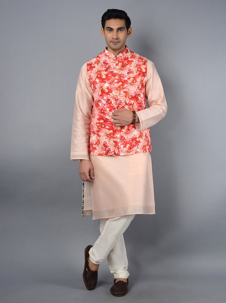 Stylish men's Bandhgala jacket featuring a fusion of peach and red prints, ideal for festive events.