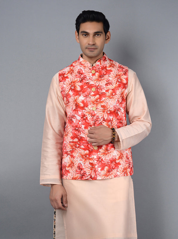 Modern Peach & Red Bandhgala for Men | Ideal for Formal Events