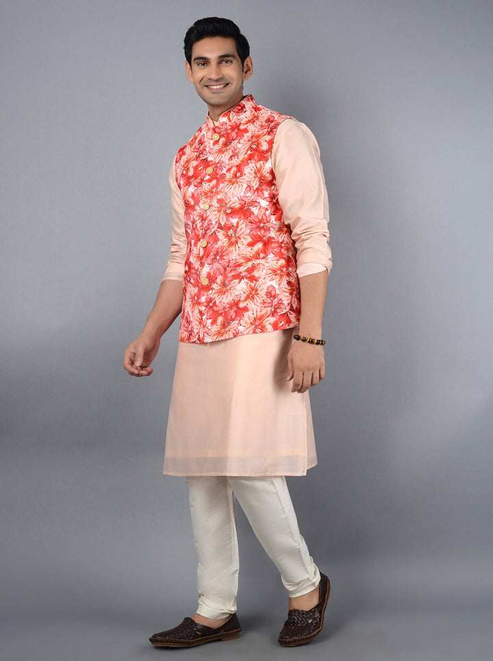 Men's contemporary Bandhgala jacket in peach and red, designed for weddings and special celebrations.