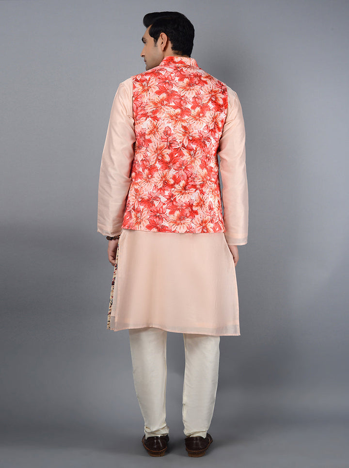 Unique peach & red printed Bandhgala jacket for men, combining traditional elegance with modern flair.