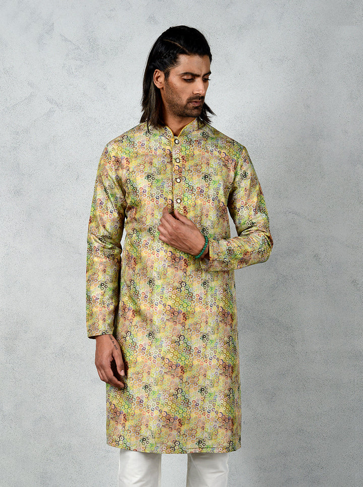 Designer lime green tussar kurta, a standout choice for USA festive events.